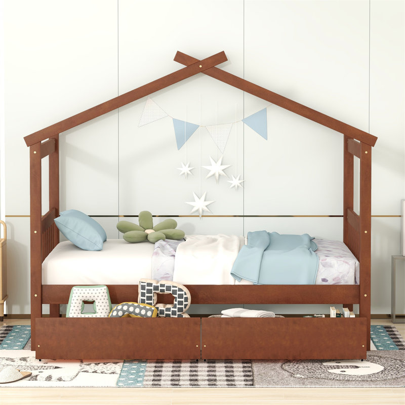 Lit en bois avec tiroirs, Noyer
