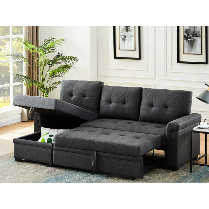 Canapé-lit modulaire réversible de 84 po en lin gris foncé avec rangement et méridienne