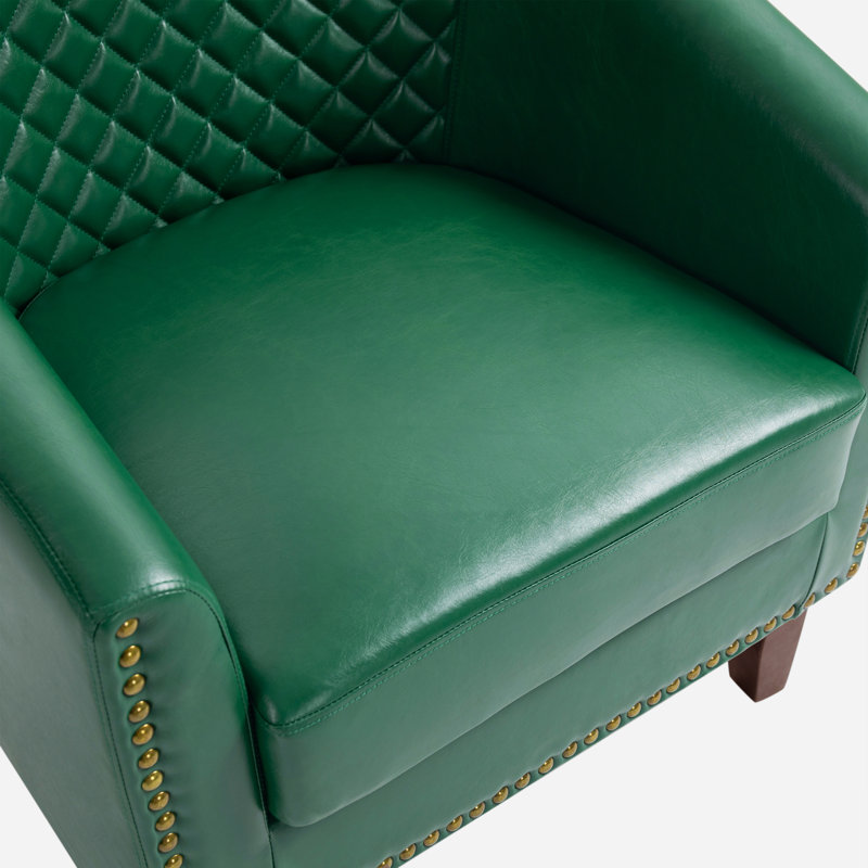 Edvardas Upholstered 29.11 Wide Green Faux Leather Tufted Barrel Club Chair with Nailhead Trim, Green Faux Leather