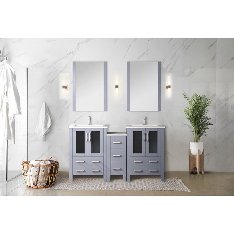 60 po W, meuble-lavabo double gris foncé, comptoir en céramique blanche, structure en bois massif, mécanisme de fermeture en douceur, deux armoires et sept tiroirs de rangement, surface de teinture