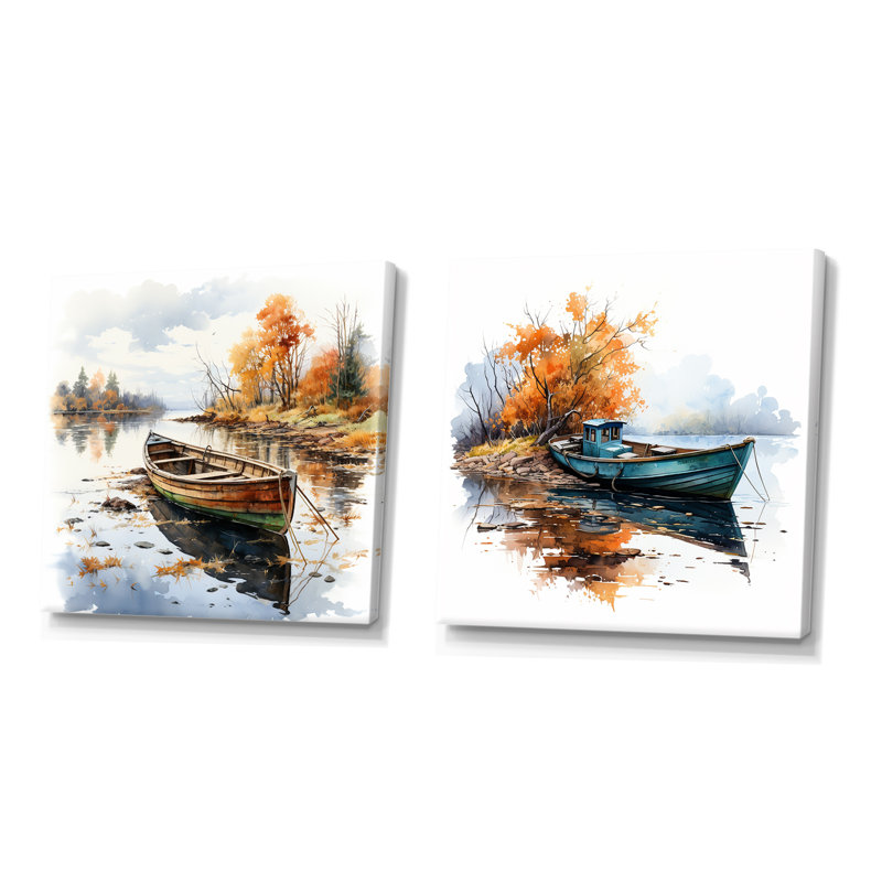 Canot d'automne au bord du lac «Autumn Tranquility» - ensemble de 2 décorations de pêche en bateau, Toile tendue