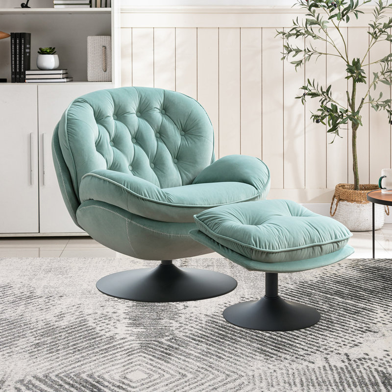 Zenon Velvet Swivel Accent Chair with Ottoman, Mint Green Velvet