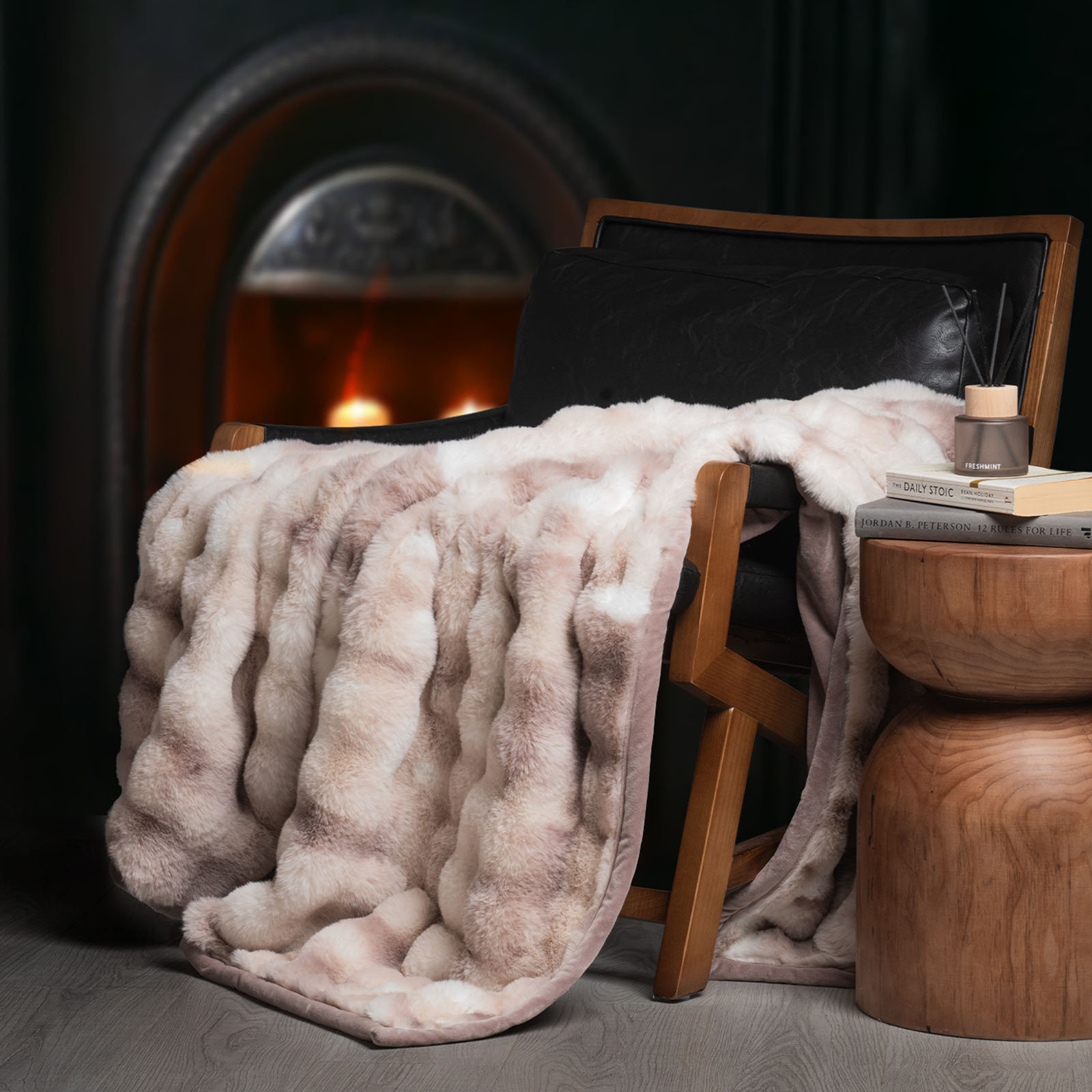 Faux Fur Weighted Throw Blanket, 80" L x 60" W, Natural Tan