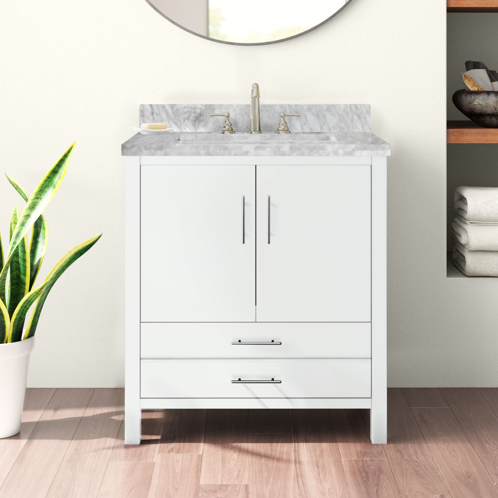 Kiara 30'' Single Bathroom Vanity, White, Carrara Marble