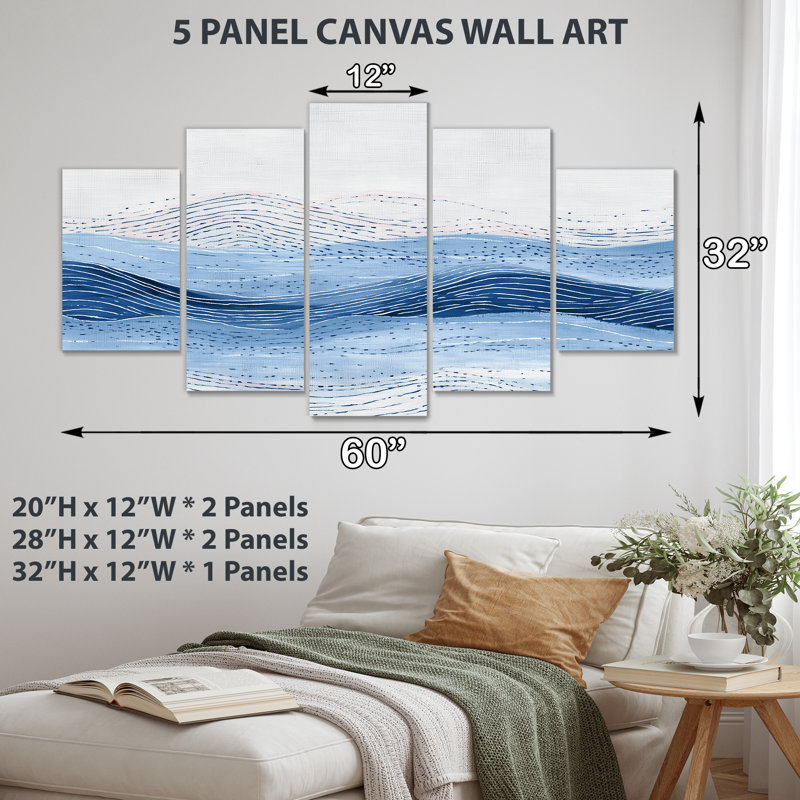 «Blue and Grey Coastal Waves - Coastal Wall Decor», art mural sur toile bleue 5 pièces