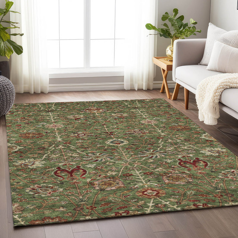Green and Red Floral Synthetic Washable 5' x 7' Area Rug
