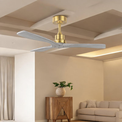Ventilateur de plafond de 52 pouces avec 3 pales en bois massif, moteur à courant continu réversible télécommandé, or doux