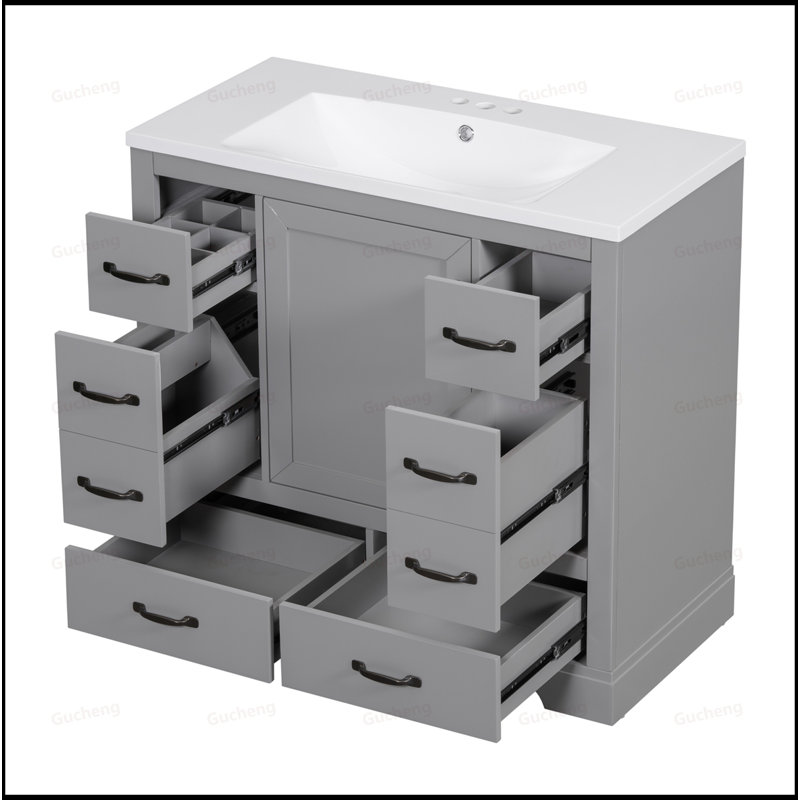 Meuble-lavabo 36 po avec six tiroirs, Gris