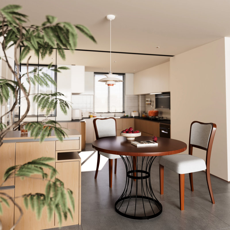 Ensemble de salle à manger rond de 107 cm (42 po) en placage chêne massif aspect bois, avec 2 chaises en noyer et piètement en fer de style industriel. Mobilier de cuisine 3 pièces : table, chaises rembourrées et piètement de bureau.
