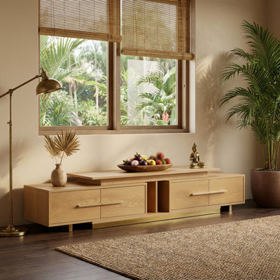 Expandable Japanese style Tv Stand With Drawers, Contemporary Tv Stand With Up To 100“ Tv, Adjustable Length Entertainment Center, Mid-century Media Console For Living Room, Stainless Steel Base (expandable: 63.4 ”w - 94.5 "w)