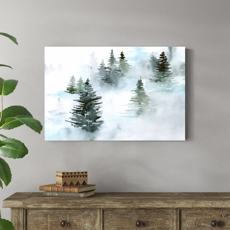 «Foggy Evergreen I» par Jennifer Paxton Parker - peinture sur toile tendue, H 24 po x l 36 po