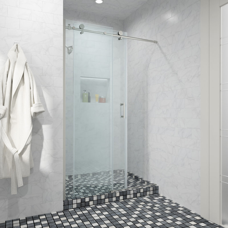 48'' - W x 76'' H Single Added Door Frameless Shower Door with, Brushed Silver