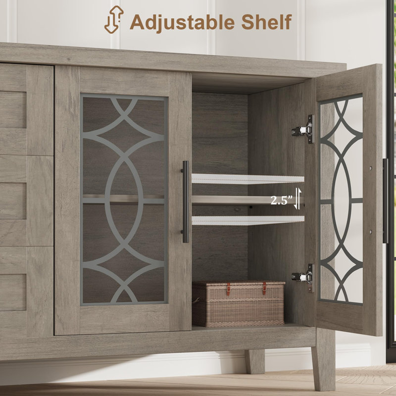 63" Farmhouse TV Stand for 70" TVs, Rustic Entertainment Center with Glass Doors, 2 Cabinets & 3 Drawers, Gray