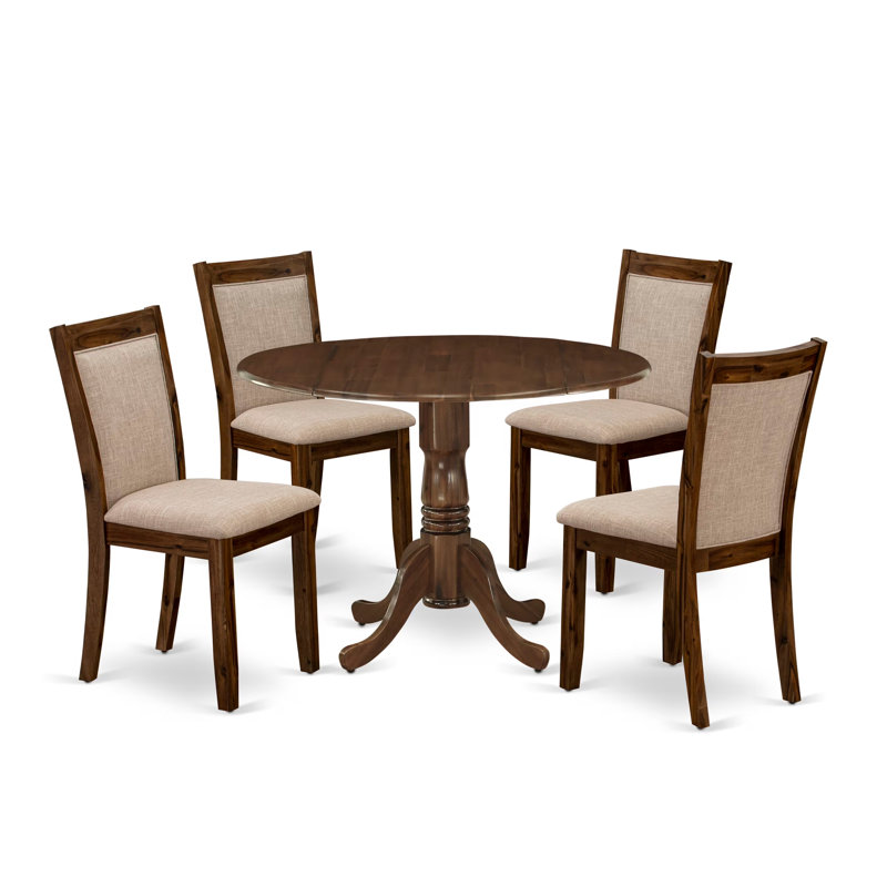 L'ensemble de table de cuisine 5 pièces pour 4 personnes comprend une table de salle à manger ronde avec Dropleaf et 4 chaises de salle à manger Parsons en tissu brun clair clair, 42 x 42 pouces, noyer naturel