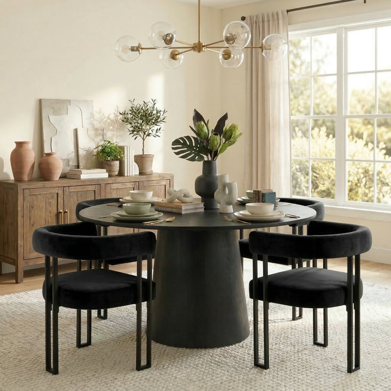 Carlen 4 - Person Dining Table Sets With 52'' Round Table & 4 Upholstered Velvet Chairs, Black
