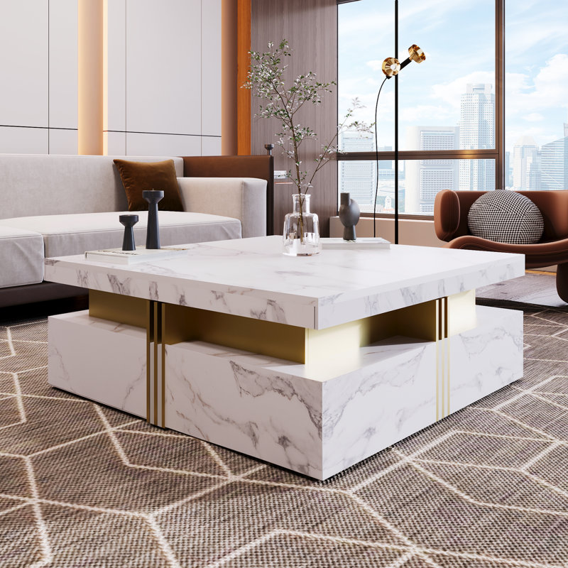 Table basse moderne carrée avec rangement à 4 tiroirs, Blanc