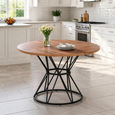 Table de salle à manger ronde moderne industrielle pouvant accueillir 4 à 6 personnes avec structure en forme de sablier robuste, plateau de table lisse et durable, conception multifonctionnelle