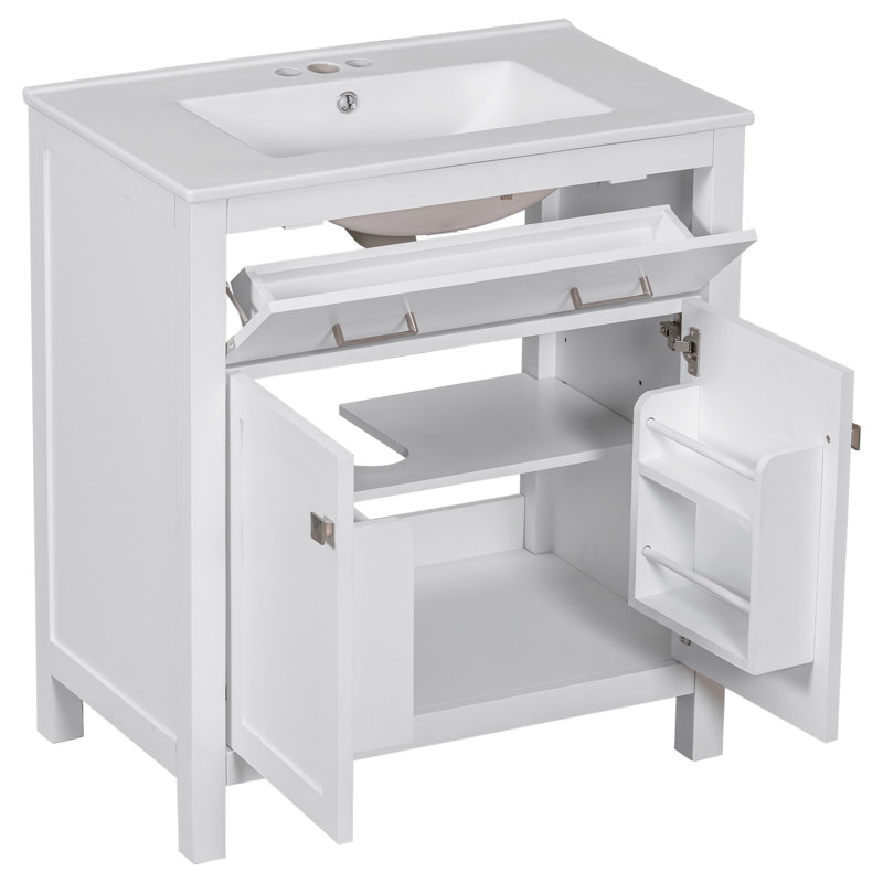 30-inch Bathroom Vanity With Ceramic Basin, Modern White Cabinet 2 Doors And Shelf, Soft Close Door, Robust Structure 30" Sink, Two A Doors, Construction