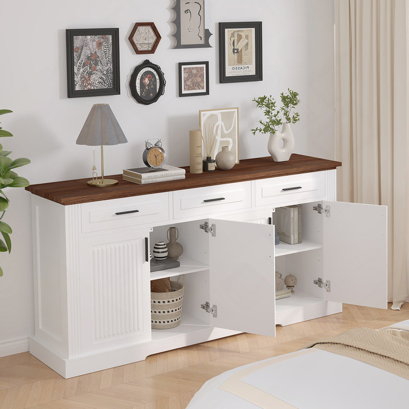 63" Fluted Sideboard Buffet Cabinet With Storage, Modern Coffee Bar Station With 4 Doors And 3 Drawers, Kitchen Storage Console Table For Living Room Dining Room Entryway, White