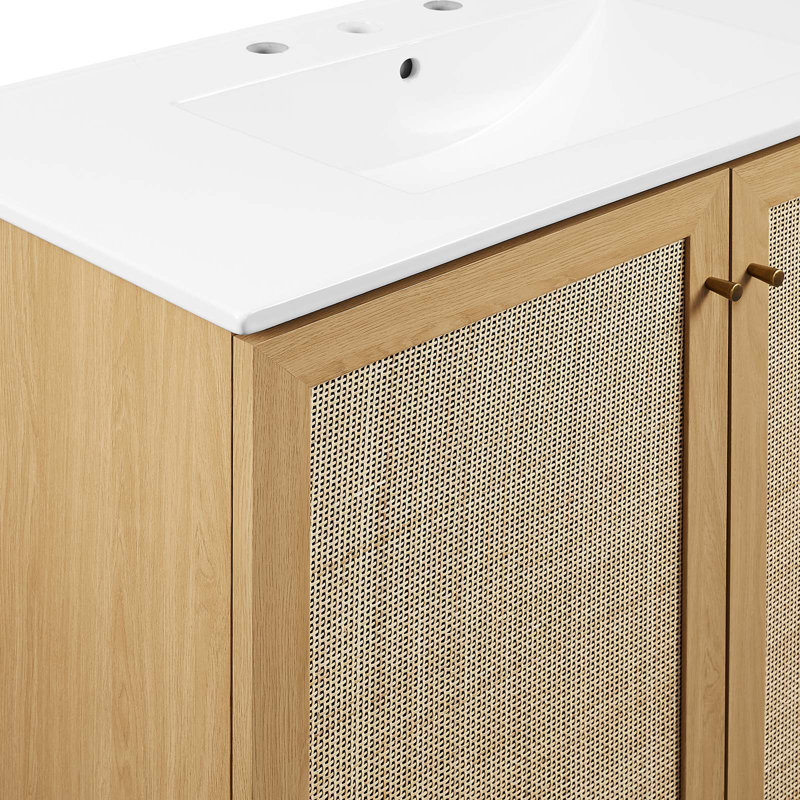 Soma 36'' Oak and White Freestanding Bathroom Vanity with Rattan Doors