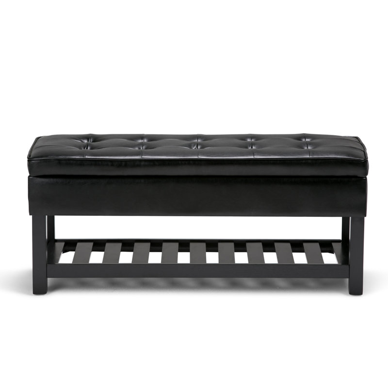 Cosmopolitan 44"W Vegan Leather Transitional Storage Ottoman Bench with Tufted Lift-Top and Open Shelf, Midnight Black