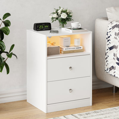 Table de chevet moderne avec station de charge et lumière DEL intelligente, table de chevet avec 2 tiroirs et tablette ouverte, petite table de bout pour la chambre à coucher, blanc