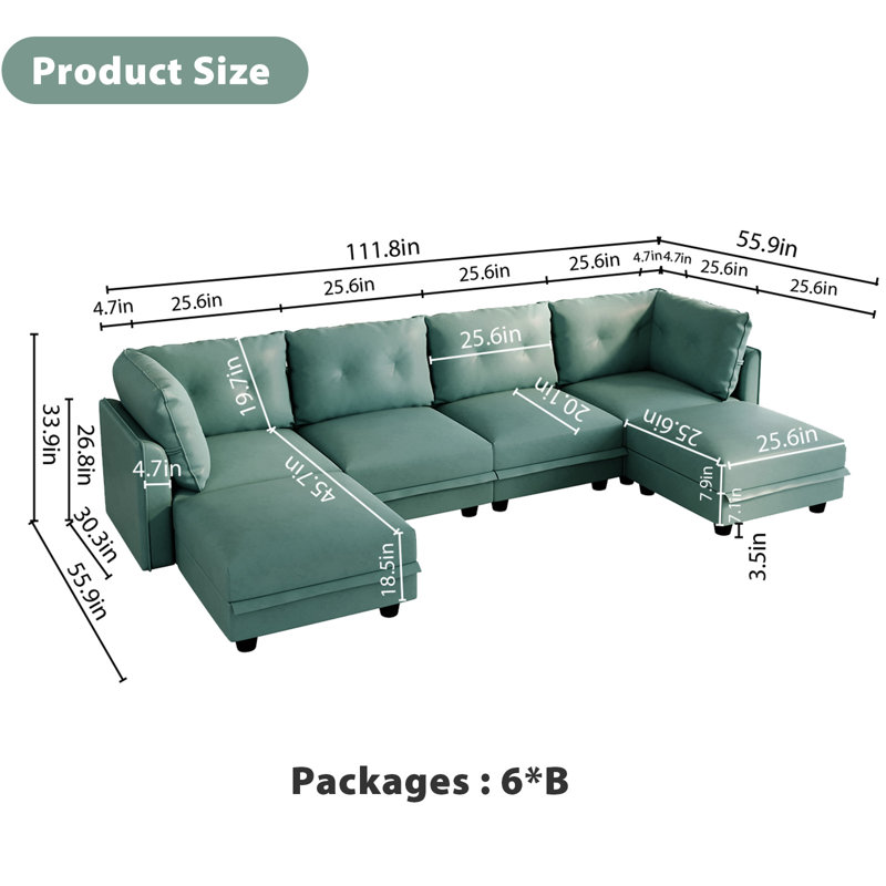 Canapé modulaire en U avec repose-pieds 6 pièces Zendejas, Similicuir bleu sarcelle