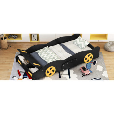 Full Size Race Car-shaped Bed With Storage - Dark Blue/yellow Strong Construction For Bedroom Use Blue And Yellow Car Comfort