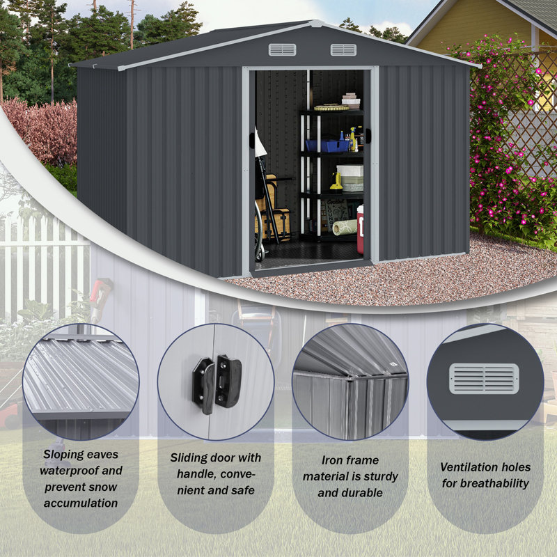 Outdoor Metal Storage Shed with Sliding Doors and Air Vent, 76.7" H x 118.1" W x 95.6" D
