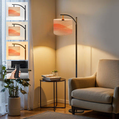 Arc Floor Lamp Coral pink board Tall Modern Standing Lamp LED Adjustable Linen Lampshade 3 Color Temperatures