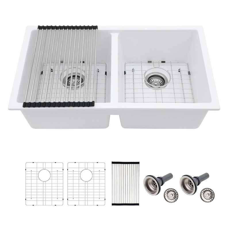 33'' L x 19"W Undermount Double Bowl Quartz Kitchen Sink, White