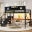 Lit mezzanine classique grand noir classique, structure en métal avec garde-corps en forme de maison, escalier intégré et garde-robe pour les enfants adolescents