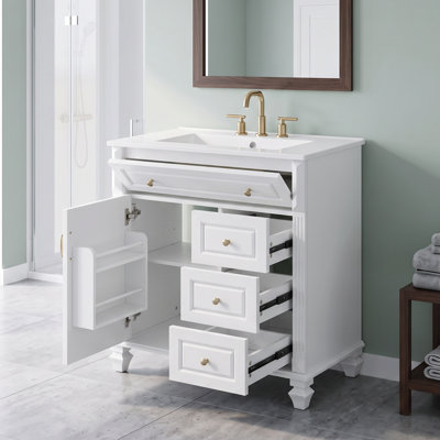 Meuble-lavabo standard autoportant en bois massif et panneau de fibres à densité moyenne de 30 po, blanc, comptoir en céramique, tiroir escamotable, 3 tiroirs et armoire de rangement