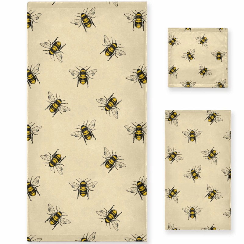 Vintage Bee Bliss Towel Trio: Bath, Hand, Washcloth - Perfect for Bathroom, Hotel, Kitchen, Spa, Beach