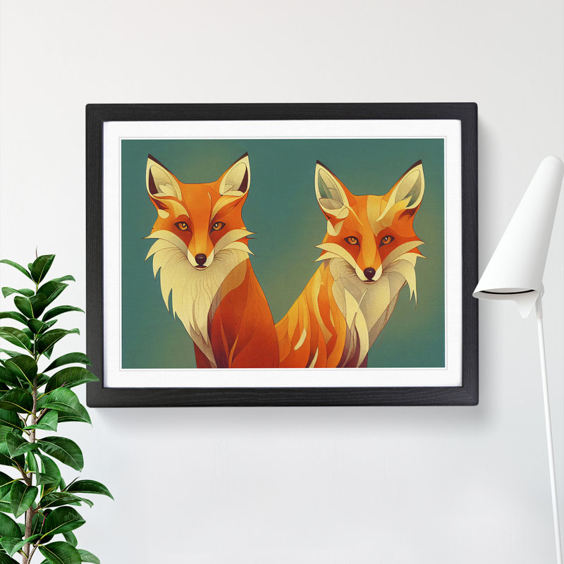 Delightful Foxes - Single Picture Frame Print, 46cm H x 64cm W x 2cm D, Black