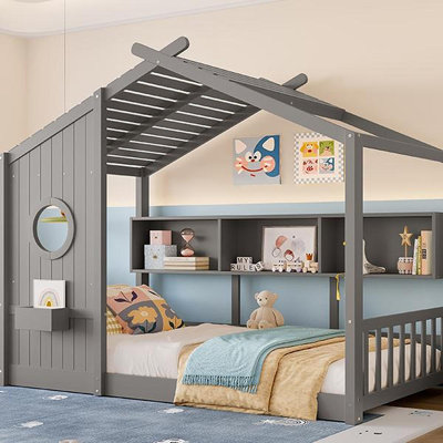 Twin Size Floor House Bed For Toddler, Kids Montessori Bed  With Storage Shelf, Playhouse Bed With Roof Design