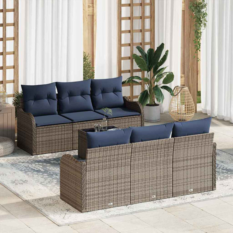 Ensemble de canapé de jardin Vidaxl 7 pièces 55 x 55 x 37 cm en rotin gris, Coussin bleu marine / structure grise