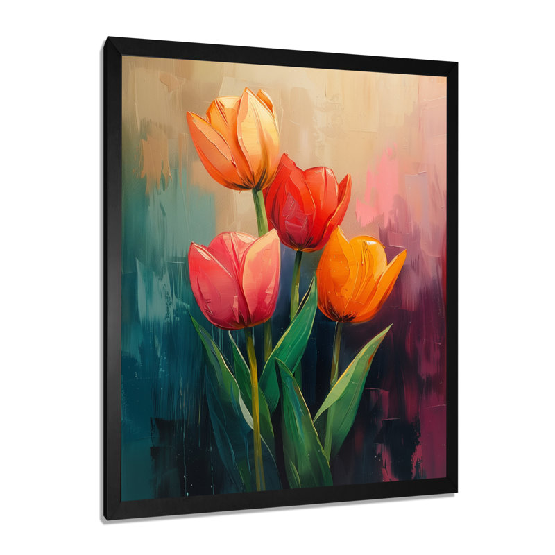 «Orange Orange Vibrant Bloom Tulips II», impression d'art mural, Cadre simple noir, bois massif, H 24 po x l 32 po