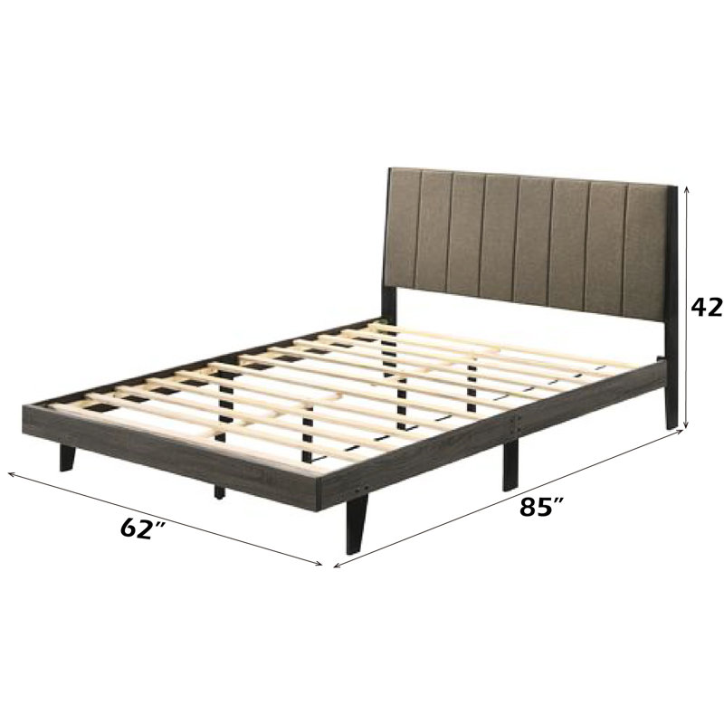 Weathered Gray Finish And Brown Fabric Queen Bed, Upholstery Hb, Low Profile Fb, 12 Slats Included For Support, No Box Spring Required, 8" Mattress Suitable, Wood Rubber Particle Board Veneer