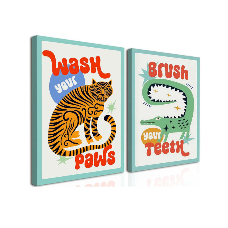 Funny Kids Bathroom Wall Art, Cute Animal Bathroom Wall Decor Paintings, Eclectic Tiger Wash Your Paws Sign Poster Canvas Prints For Toilet Restroom Framed Inch