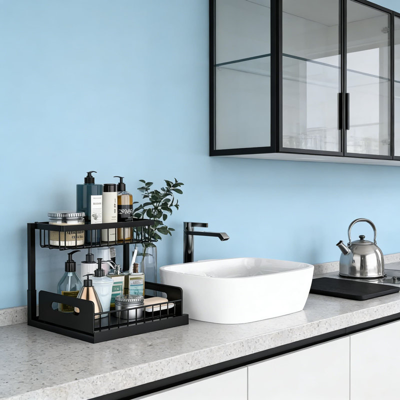 Ensemble d'armoire coulissante sous-évier à 2 niveaux pour tablettes de cuisine et de salle de bain, support de rangement en métal pour produits de nettoyage et articles de toilette
