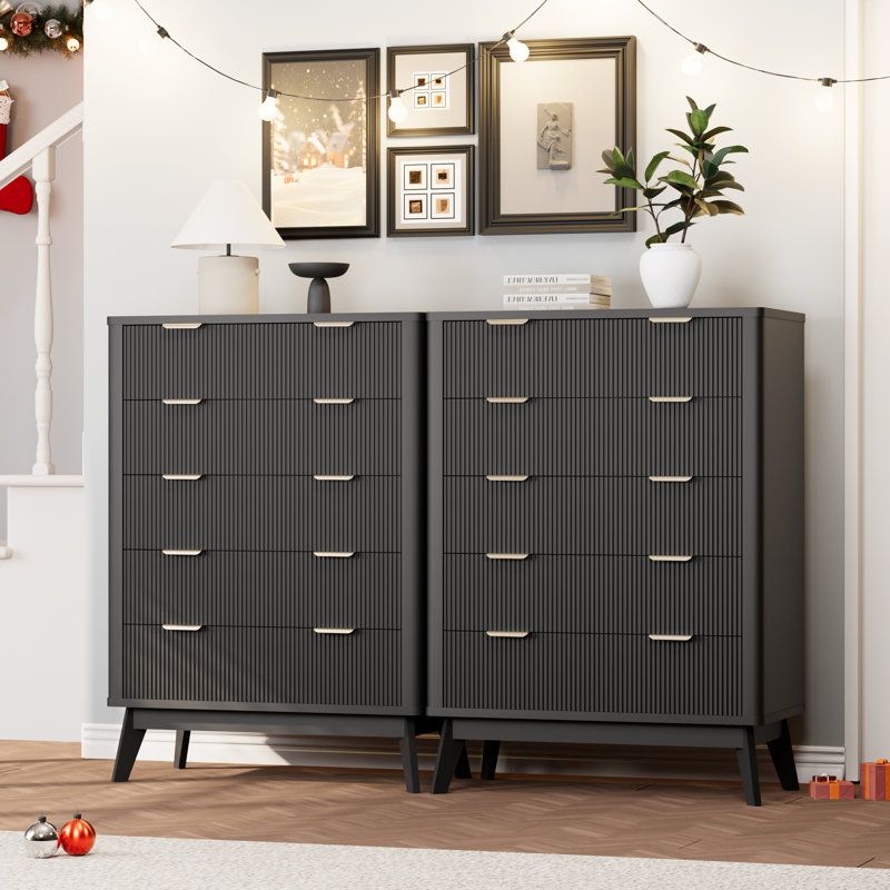 Fluted 5 Drawers Dresser, 43''h 5 Drawers Black