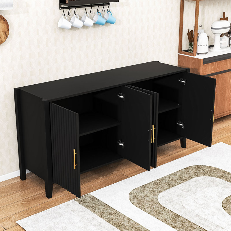Wooden Sideboard with Shelves, Cabinet and Metal Handles, Black, 32" H x 61" W x 17.9" D