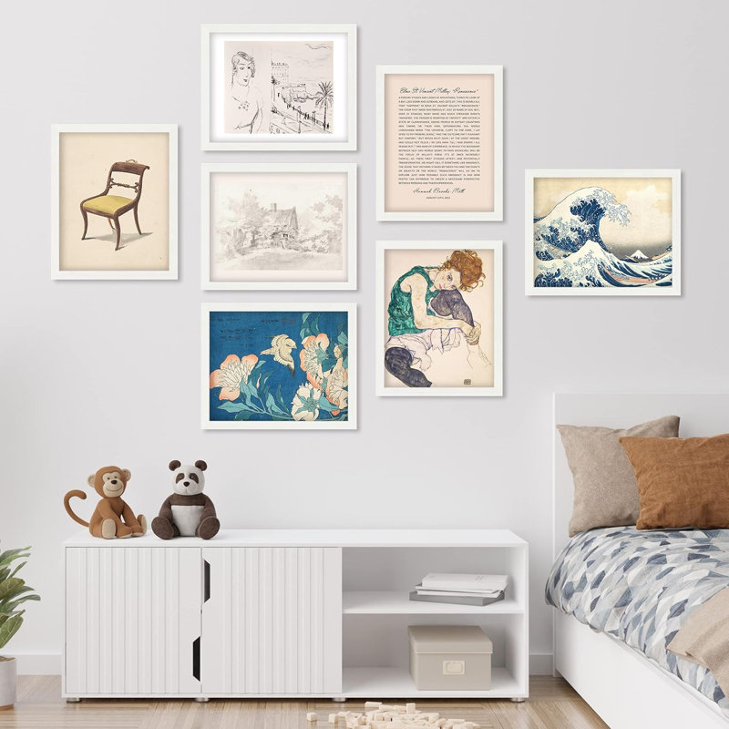 Vague de kanagawa, variété de fleurs océaniques abstraites géométriques encadrées sur papier, 7 pièces, Blanc