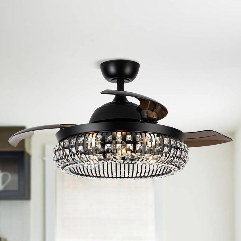 Harney 42" 3 - Blade Retractable Blades Crystal Ceiling Fan with Remote Control and Light Kit Included