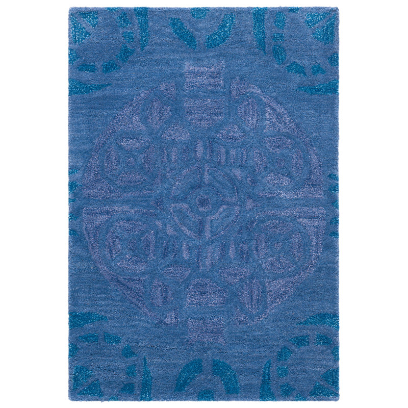 Kouerga Hand Tufted Wool/Viscose Damask Rug in Blue, Rectangle 3' x 5'