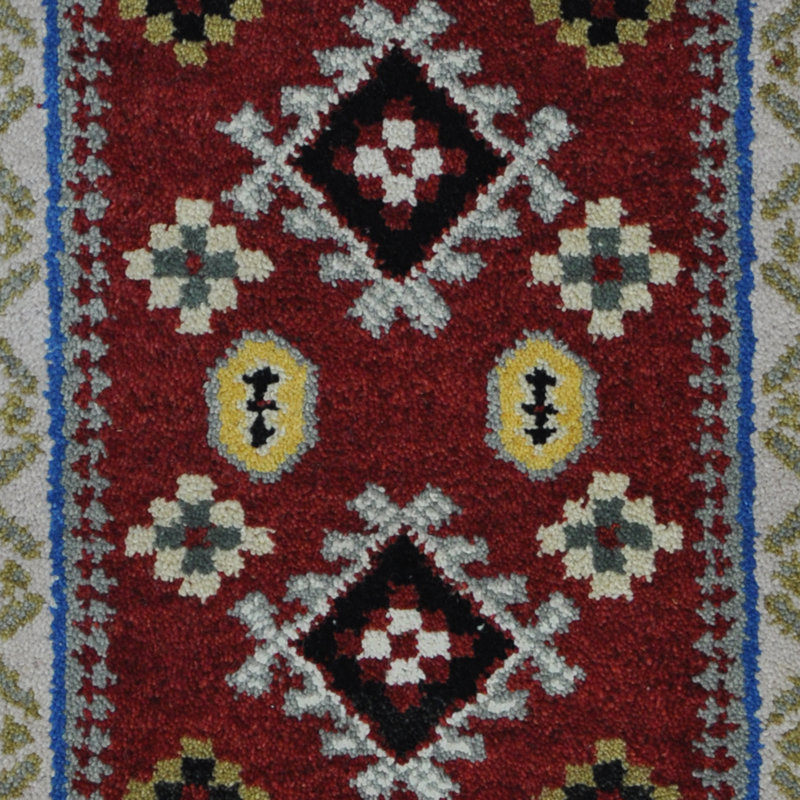 Tapis unique en laine noué à la main rouge / crème / vert de 2 pi x 4 pi