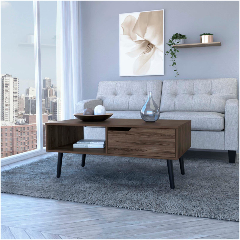 Table basse Bull, un tiroir, une tablette ouverte, quatre pieds, finition noyer foncé