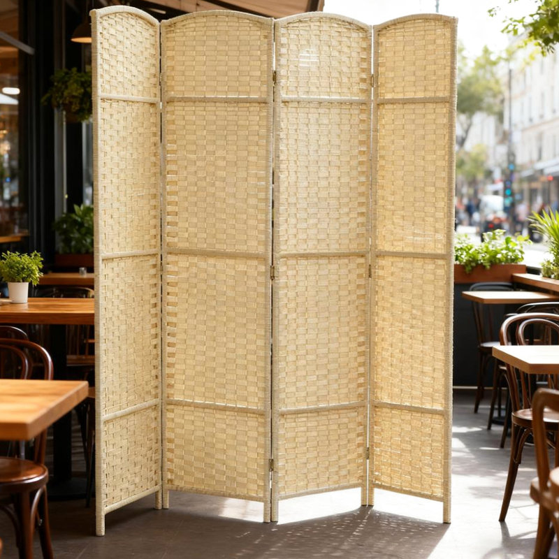 Paravent pliable à 4 panneaux d'intimité tissé à la main, polypropylène et bois de pin, beige, pour séparer la pièce et créer des espaces