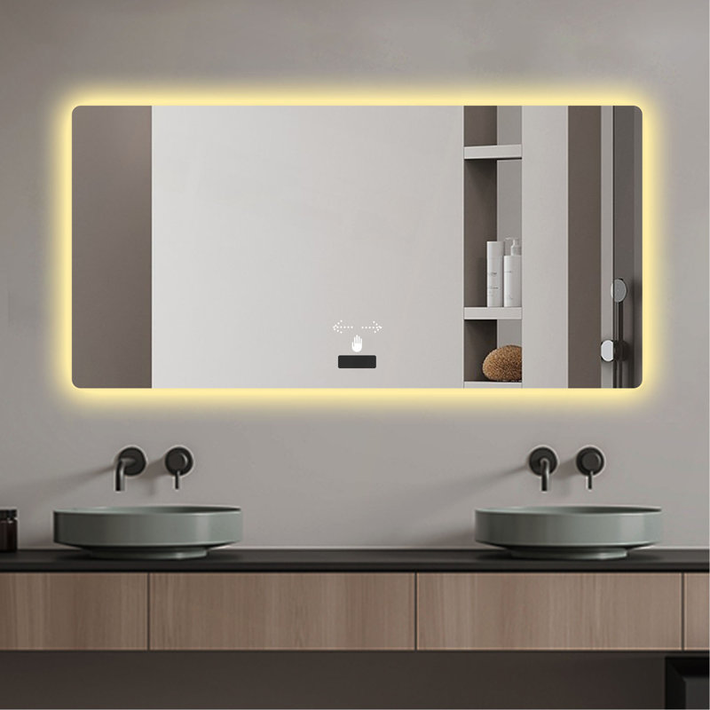 Miroir de salle de bain sans cadre avec lumière, miroir rétroéclairé à DEL, gradation tricolore, fonction anti-buée, imperméable, capteur intelligent